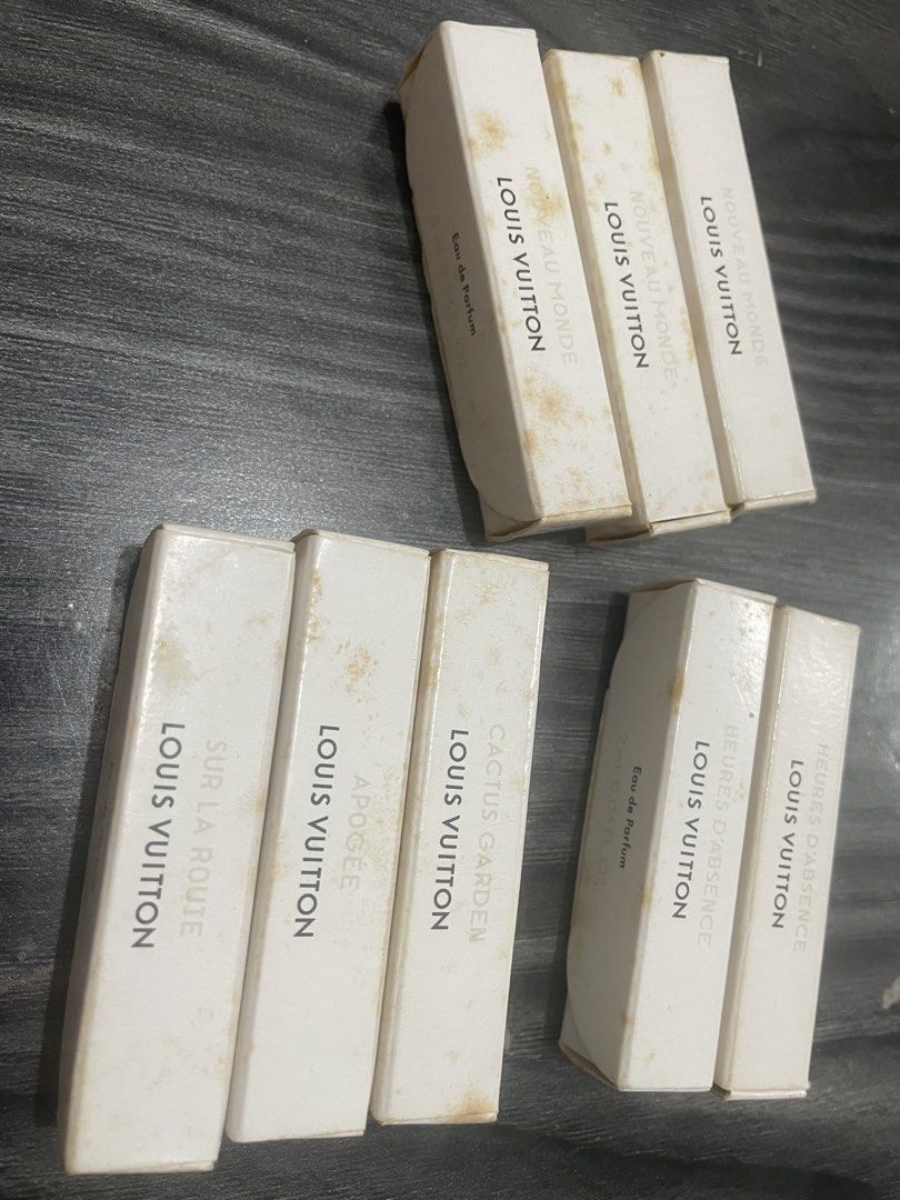 Louis Vuitton Perfume Sample Set 8pcs. For take all (Category: Fragrance & Deodorants) located in Santa Rosa. Submitted by dendelspecialtystore (Listing ID 1453329864, Image 2). Description: - Set of 8 Louis Vuitton perfume samples - Includes: Sur La Route, Apogee, Cactus Garden, Nouveau Monde, Heures D'Absence - Original boxes included for each sample - Ideal for experiencing different LV fragrances - Perfect way to find your signature scent.