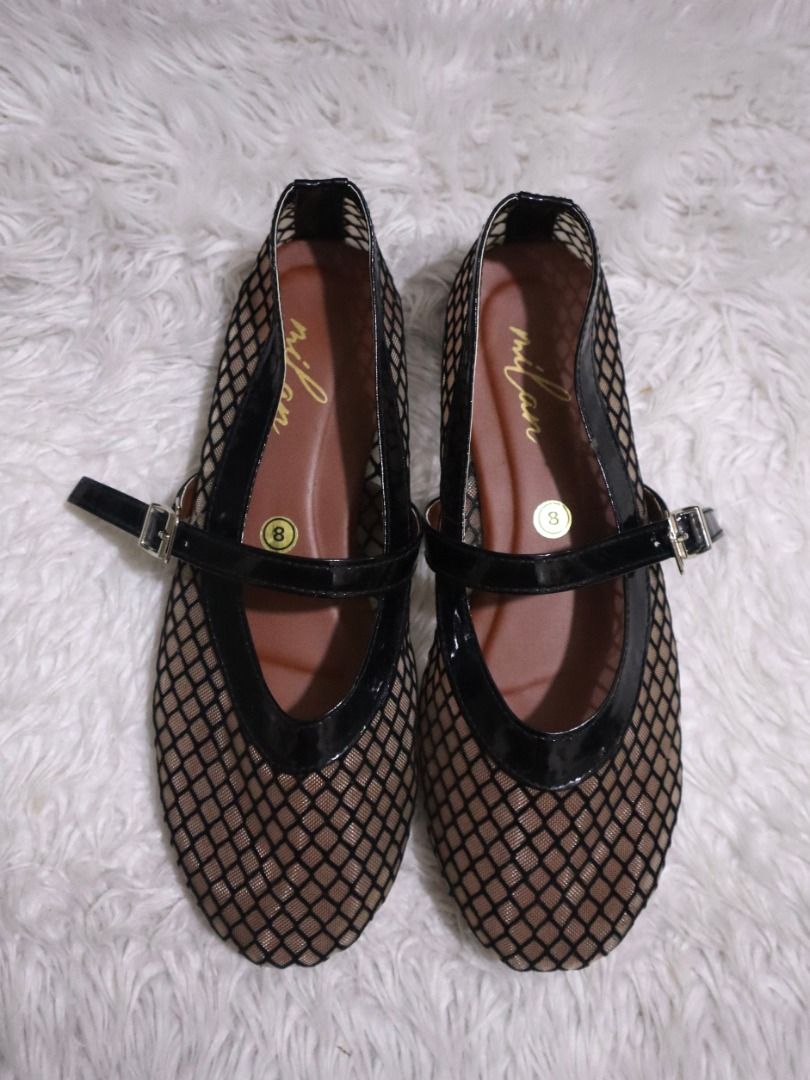 MILAN Black Mesh Ballet Flats (Category: Flats & Sandals) located in Marikina City. Submitted by whatever.chula (Listing ID 1453419444, Image 1). Description: Only used once and realized I need a different color. Still good as new! And of course, sanitized before shipping 😉 🤍 Size 8 🚫 Issue: Minimal Glue Overflow on the Left Pair 🎀 RFS: Decluttering.