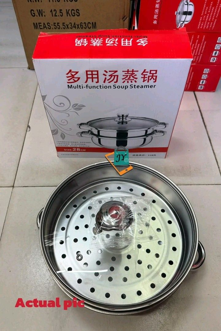Multi-function Soup Steamer Pot Stainless Steel 28cm (Category: Cookware & Accessories) located in Manila. Submitted by marvieobordo (Listing ID 1453415599, Image 1). Description: - 28cm Stainless Steel Multi-Function Soup Steamer - Includes steamer insert for steaming - Comes with a clear glass lid - Versatile for cooking soups or steaming food - Durable construction for long-lasting use - Easy to clean and maintain - A great addition to any kit
