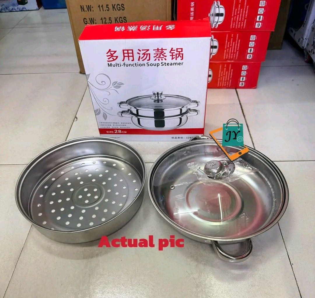 Multi-function Soup Steamer Pot Stainless Steel 28cm (Category: Cookware & Accessories) located in Manila. Submitted by marvieobordo (Listing ID 1453415599, Image 2). Description: - 28cm Stainless Steel Multi-Function Soup Steamer - Includes steamer insert for steaming - Comes with a clear glass lid - Versatile for cooking soups or steaming food - Durable construction for long-lasting use - Easy to clean and maintain - A great addition to any kit