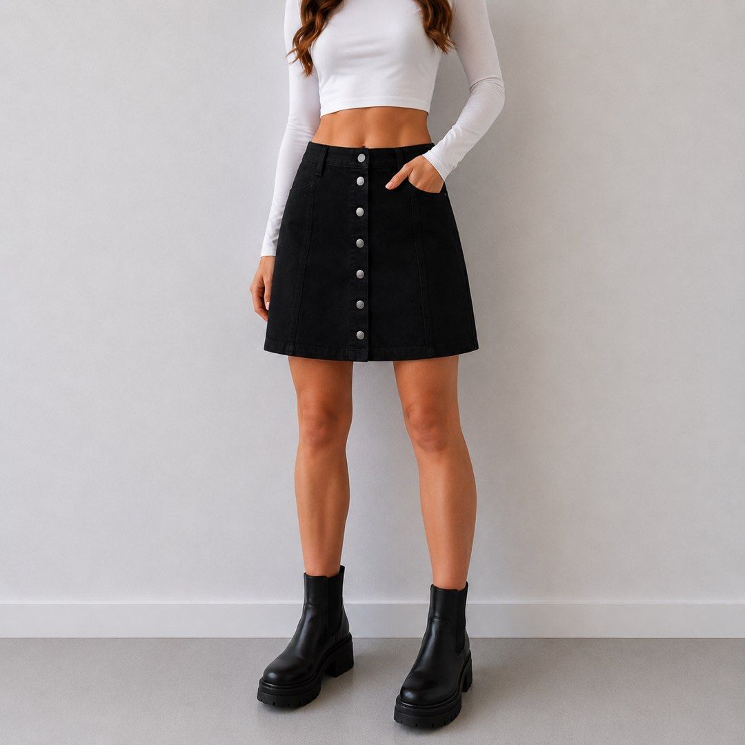New Look 915 Generation Black Denim Button-Front Skirt (Category: Skirts) located in San Ildefonso. Submitted by rgdeclutters (Listing ID 1453306700, Image 2). Description: L 16" W 27".
