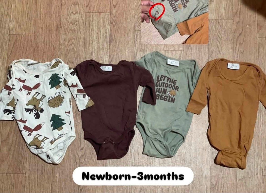 Newborn-3 Months Baby Bodysuits Set (4 pcs) (Category: Babies & Kids Fashion) located in Zamboanga. Submitted by declutterbyali_ (Listing ID 1453328545, Image 1). Description: - Set of 4 long-sleeved baby bodysuits - Sizes: Newborn to 3 months - Designs: Woodland animal print, plain brown, green with 'LET THE OUTDOOR FUN BEGIN' text, plain rust orange - Perfect for everyday wear - Condition: One bodysuit has a small hole Zamboanga city 📍 ship vi