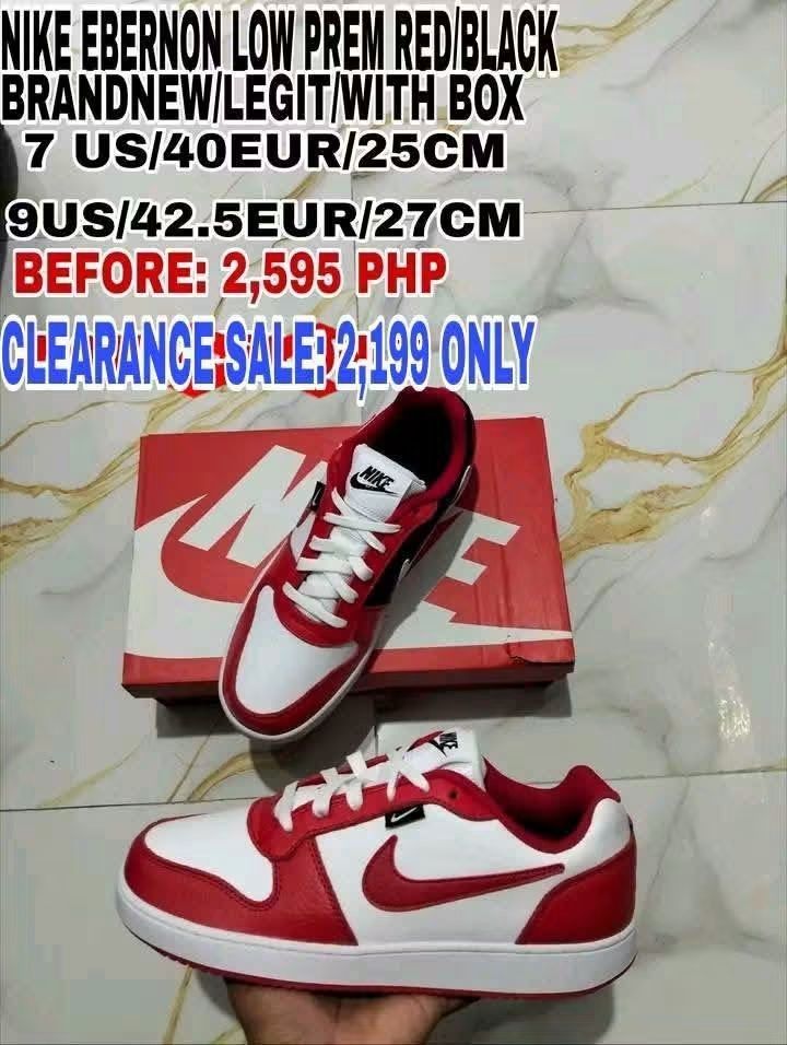 Nike Ebernon Low Prem Red/Black Sneakers (Category: Sneakers) located in Cavite. Submitted by zoleta01 (Listing ID 1453249954, Image 1). Description: - Brand New Nike Ebernon Low Prem Sneakers - Colorway: Red & Black - Includes Original Box - Available Sizes: - US 7 / 40 EUR / 25 CM - US 9 / 42.5 EUR / 27 CM - Original Price: PHP 2,595 - Clearance Price: PHP 2,199 Only!.