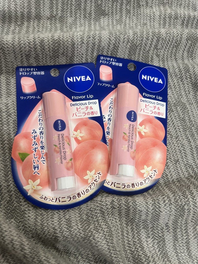 NIVEA Flavor Lip Delicious Drop Peach & Vanilla (Category: Makeup) located in Las Pinas. Submitted by silver_mamadeclutters (Listing ID 1453343785, Image 1). Description: - Set of 2 NIVEA Flavor Lip Balms (Peach & Vanilla) -bought in japan -P195 per pc RFS: excess.