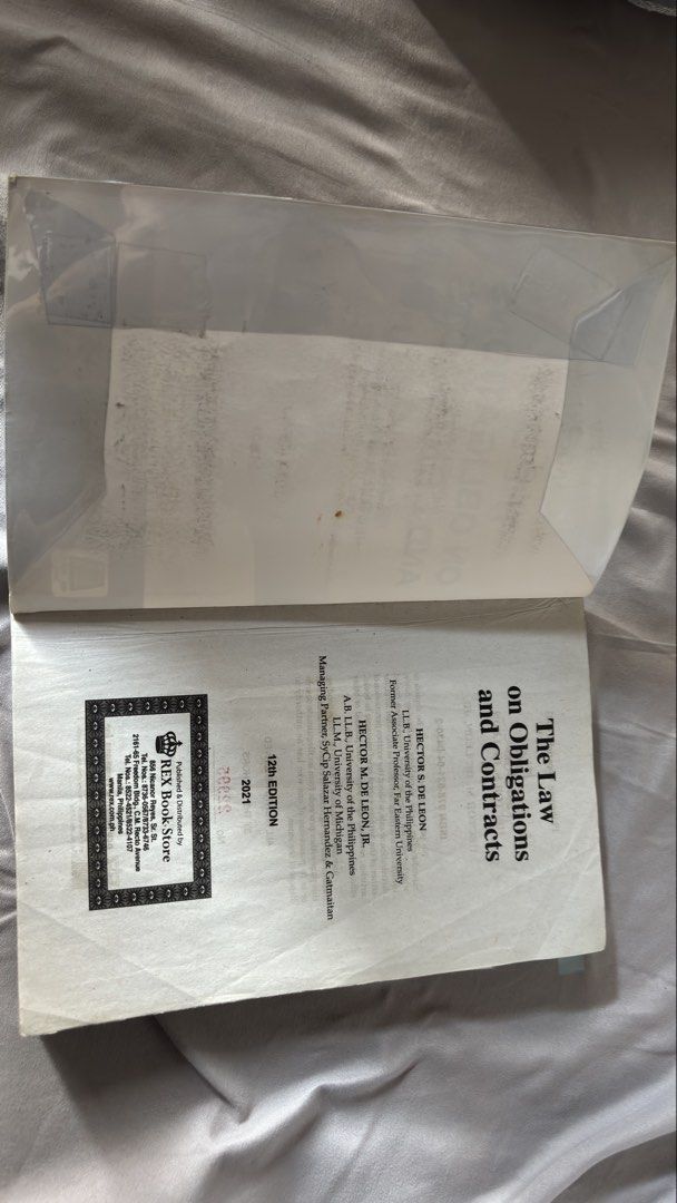 Obligations and Contracts by Hector S. De Leon Twelfth Edition (Category: Textbooks) located in Manila. Submitted by rtzvxz (Listing ID 1453363196, Image 3). Description: - The Law on Obligations and Contracts - Edition: Twelfth Edition - Authors: Hector S. De Leon and Hector M. De Leon, Jr. - Bought from Rex Book Store - Has some highlights and pen marks - With plastic cover Meet up around UST or Lalamove (sf to be shouldered by the buyer) Price