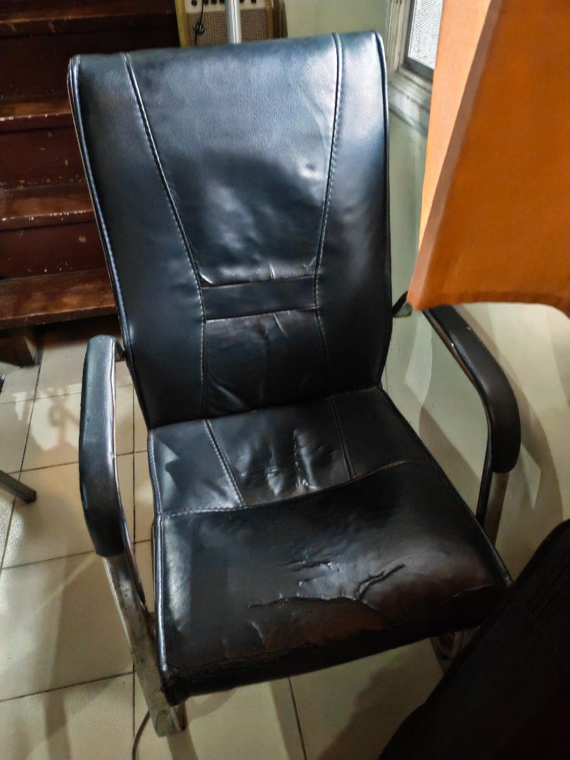 Office or Computer Chair with Chrome Base (Category: Chairs) located in Quezon City. Submitted by jk1225777 (Listing ID 1453261357, Image 3). Description: get it off my hands for 500. scout fuentebella area. flaw on pic. as is where is. matibay. rfs: decluttering - Black faux leather office chair - Chrome cantilever base - Sturdy frame - Ideal for home office or study.