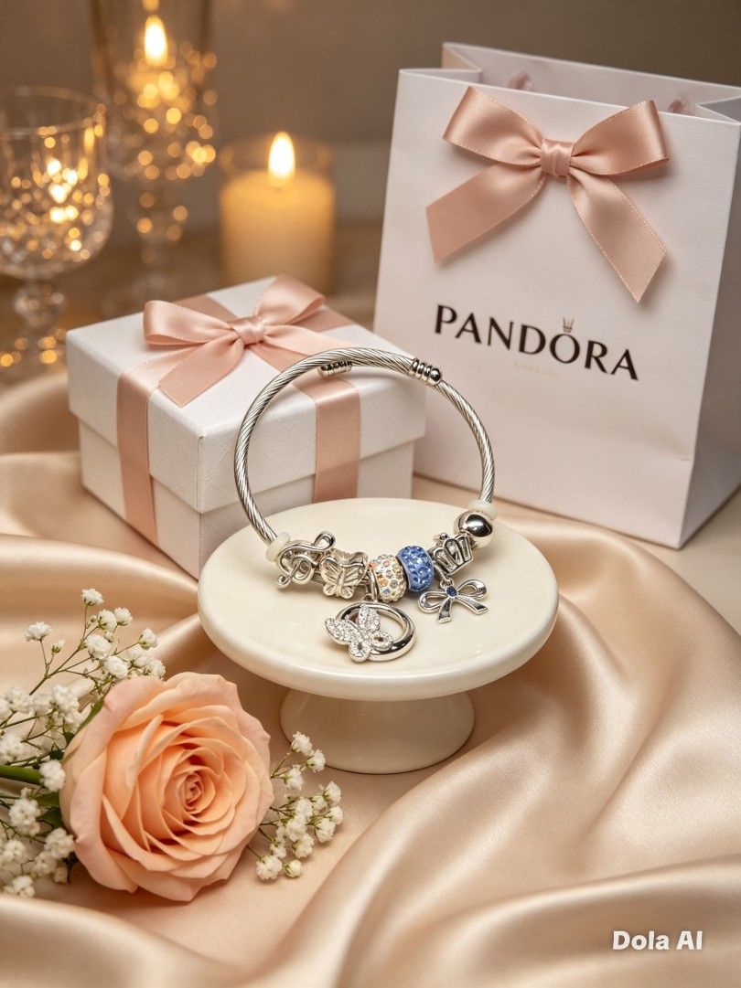 Pandora Sterling Silver Bangle Bracelet with Charms (Category: Bracelets) located in Urdaneta. Submitted by maandangv (Listing ID 1453403106, Image 1). Description: - Authentic Pandora Sterling Silver Bangle Bracelet - Includes multiple charms: butterflies, crown, blue bow - Comes with a matching butterfly ring - Original Pandora gift box and bag included - Ideal gift for any occasion.