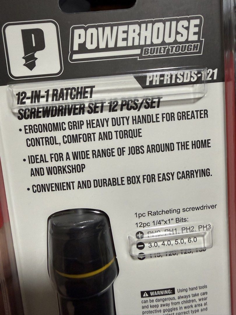 Powerhouse 12-in-1 Ratchet Screwdriver Set (Category: Home Improvement Tools & Accessories) located in Quezon City. Submitted by jshoppppp (Listing ID 1453270149, Image 2). Description: Sealed. From the brand: The Powerhouse PH-RSC-6876 12-in-1 Ratchet Screwdriver Set is designed for fastening, tightening, loosening, repair, installation, maintenance, workshop, household, automotive, and general hand tool applications. This set includes one ratch