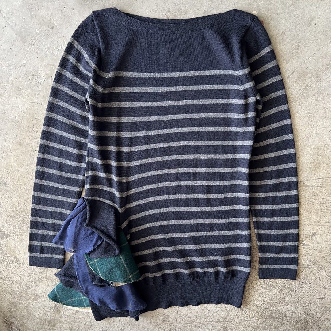SACAI - STRIPED KNIT ASYMMETRICAL RUFFLED PULL OVER SWEATER (Category: Longsleeves) located in Manila. Submitted by _Gizmo (Listing ID 1453352098, Image 2). Description: Sacai - Striped Knit Asymmetrical Ruffled Pull Over Sweater Size tagged: 1 Measurement Width: 16’ Inch Length: 29’ Inch Sleeve: 23’ Inch Excellent condition | Like New No major flaws Made In Japan.