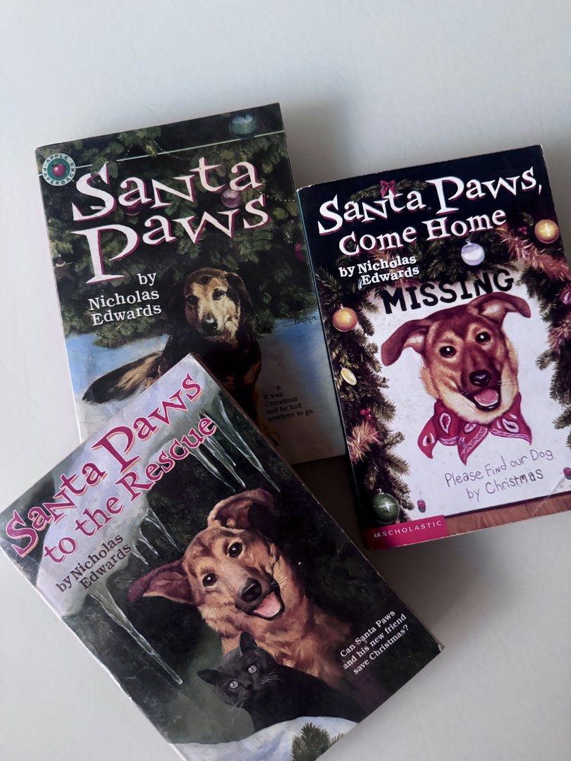 Santa Paws Book Series by Nicholas Edwards (Category: Children's Books) located in Caloocan City. Submitted by ciel31 (Listing ID 1453338124, Image 1). Description: - Complete Santa Paws series by Nicholas Edwards: 'Santa Paws', 'Santa Paws, Come Home', 'Santa Paws to the Rescue' - Bonus books included: 'Storm of the Century!' and 'Stolen!' - Ideal for young readers who enjoy dog stories and Christmas tales - All books are authentic Scholastic ed