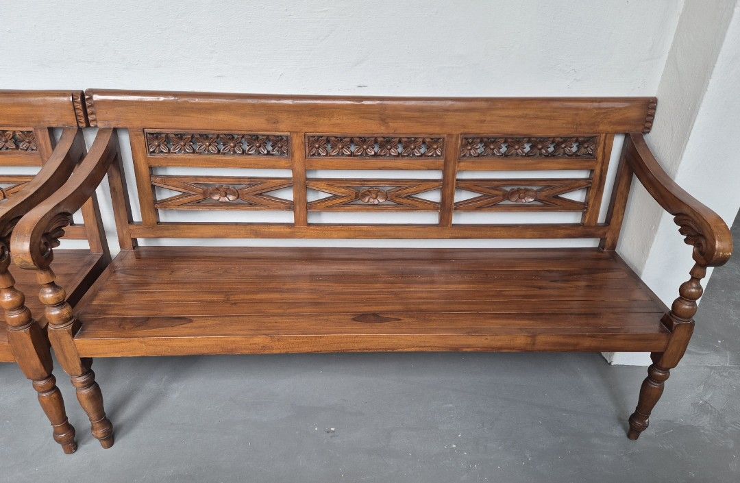Solid Wood Sofa (Category: Sofas) located in Singapore. Submitted by ruzainamusah (Listing ID 1453273134, Image 2). Description: Solid wood 2-seater bench sofa with beautiful carvings and a rich finish. Sturdy and ready for your home. Price negotiable..