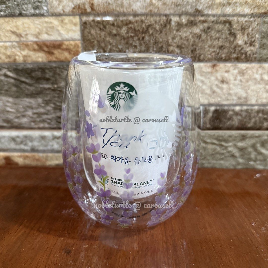 Starbucks Double Wall Glass Mug Lavender (Category: Coffee & Tea Tableware) located in Santo Tomas. Submitted by nobleturtle_e41485 (Listing ID 1453263243, Image 2). Description: - Features a lovely lavender floral design - From Starbucks Korea - Capacity: 237ml - Easy to hold - Tag Intact.