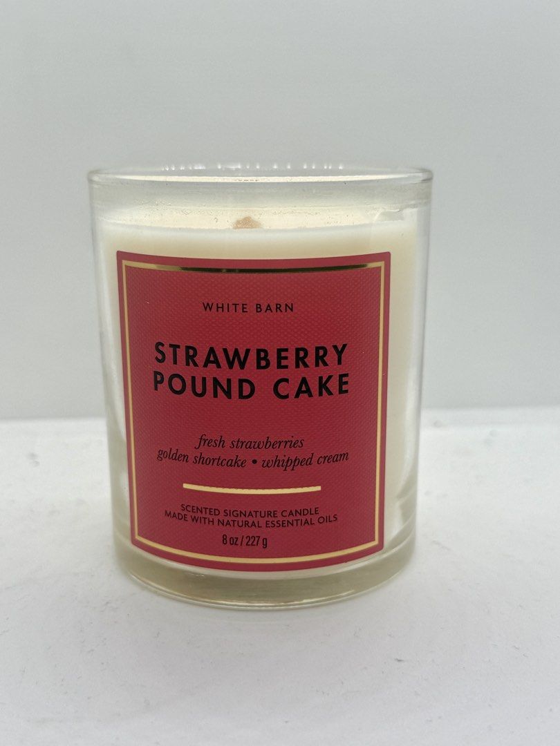 Strawberry Pound Cake Scented Candle (Category: Home Fragrance) located in Mandaluyong City. Submitted by cherryspicks (Listing ID 1453385732, Image 1). Description: Bath and BodyWorks Single Wick Scented Candle. Used once with a heating lamp. Smells of sweet strawberry, shortcake, and whipped cream. Yumm! The lid has discolored a bit. No box. .