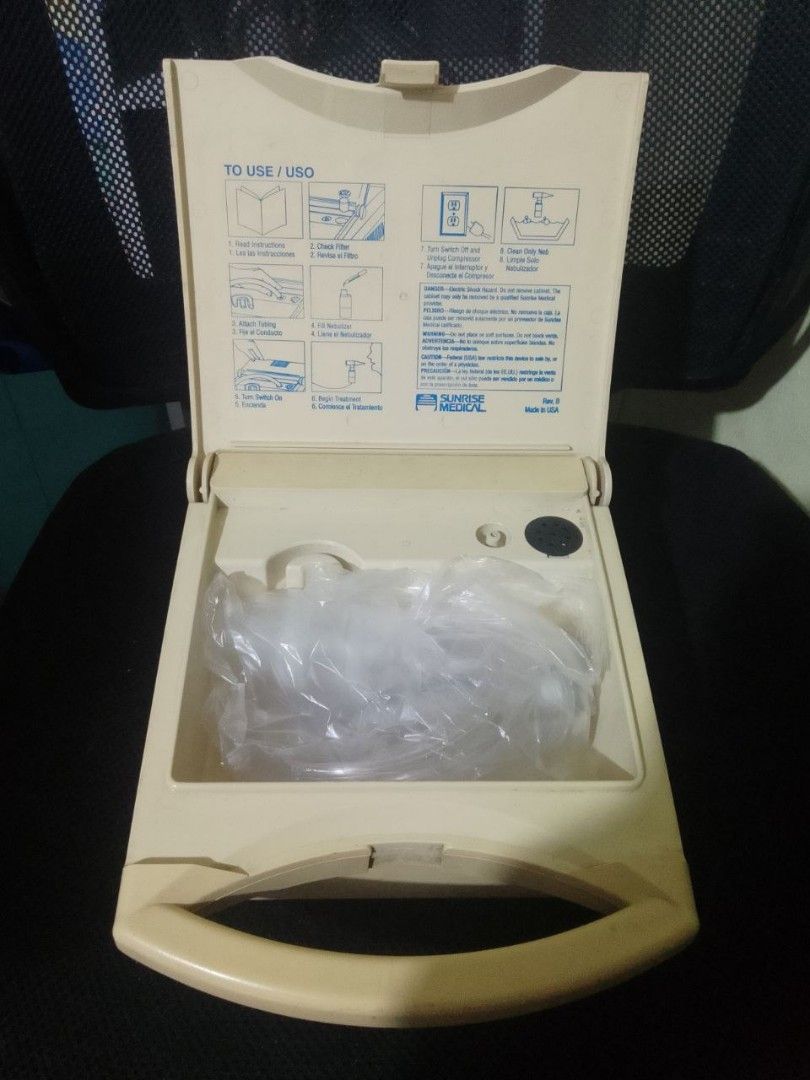 Sunrise Medical 3650P Nebulizer Compressor (Category: Medical Supplies & Tools) located in Quezon City. Submitted by jccj38 (Listing ID 1453348569, Image 1). Description: - Sunrise Medical 3650P Nebulizer Compressor - Portable design with convenient handle - Complete set includes tubing and nebulizer kit - Built-in power cord wrap for easy storage - Proudly Made in the USA - Perfect for effective respiratory treatments.