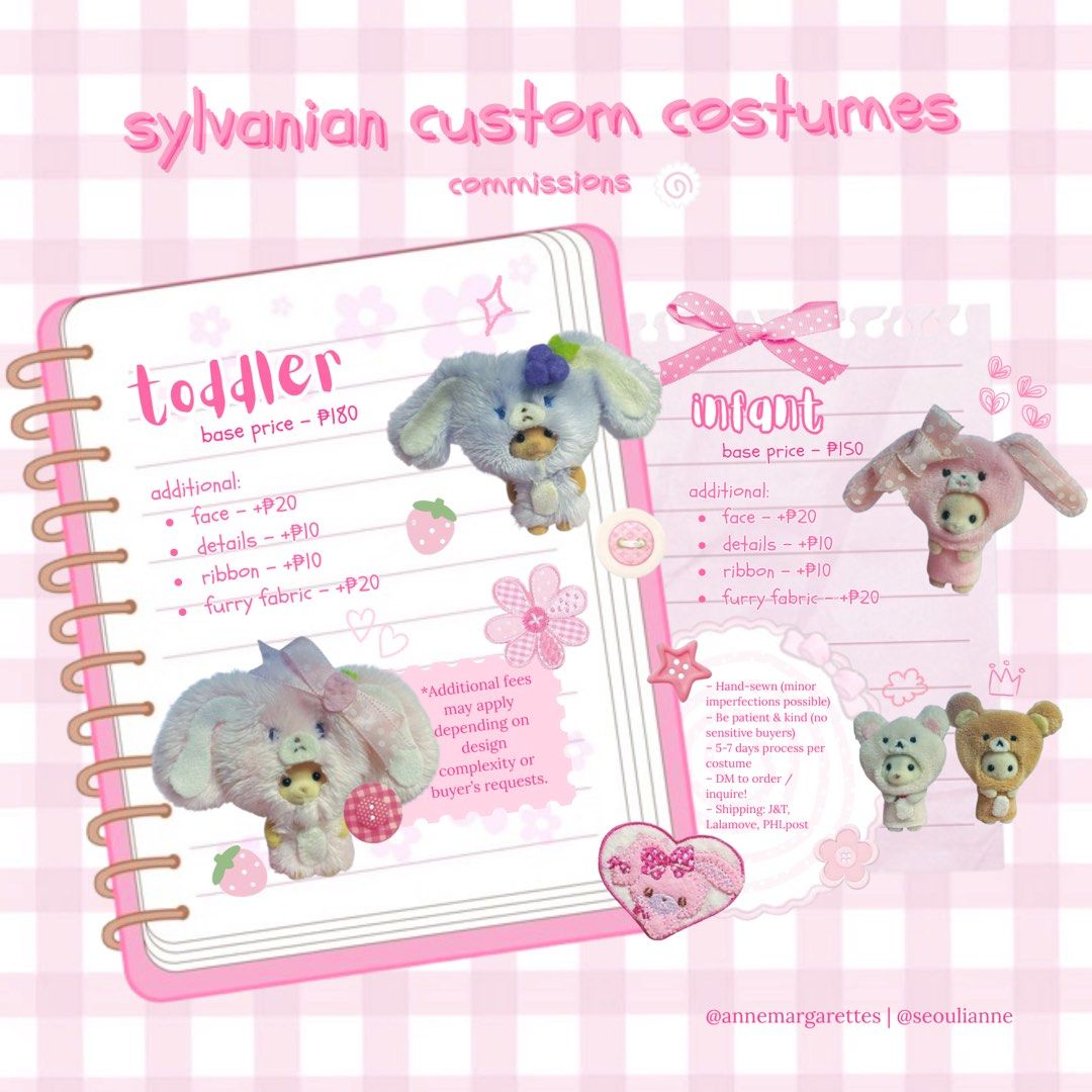 Sylvanian Families Custom Outfits (Category: Babies & Kids Fashion) located in Manila. Submitted by annemargarettes (Listing ID 1441310872, Image 3). Description: - made-to-order custom costume - price starts at 150 for infant, 180 for toddler - strictly payment first (pay before placing an order) - mod: j&t, lalamove - mop: gcash, bank transfer.