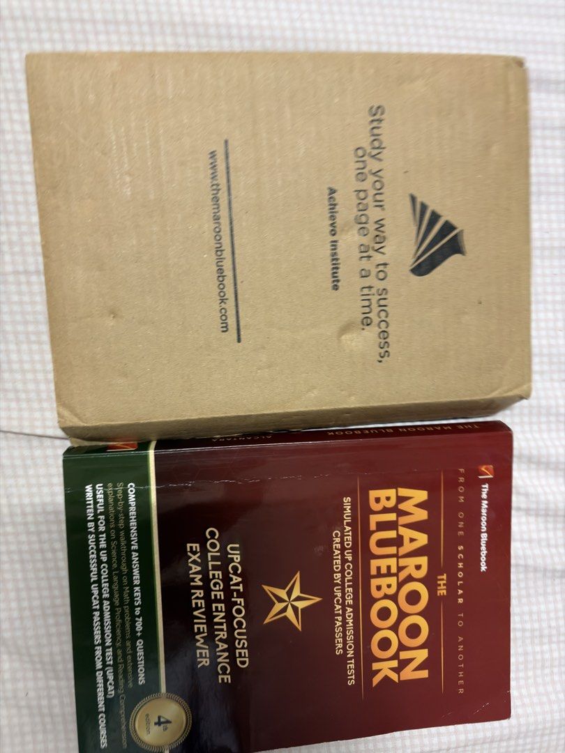 The Maroon Bluebook Reviewer 4th Edition (Category: Textbooks) located in Manila. Submitted by anabanana.23 (Listing ID 1453350633, Image 2). Description: - Simulated UP College Admission Tests (UPCAT) created by UPCAT Passers. - Over 700+ comprehensive questions with detailed answer keys. - Step-by-step walkthroughs for Math problems. - Extensive explanations for Science, Language Proficiency, and Reading Comprehension. - Written by successful U