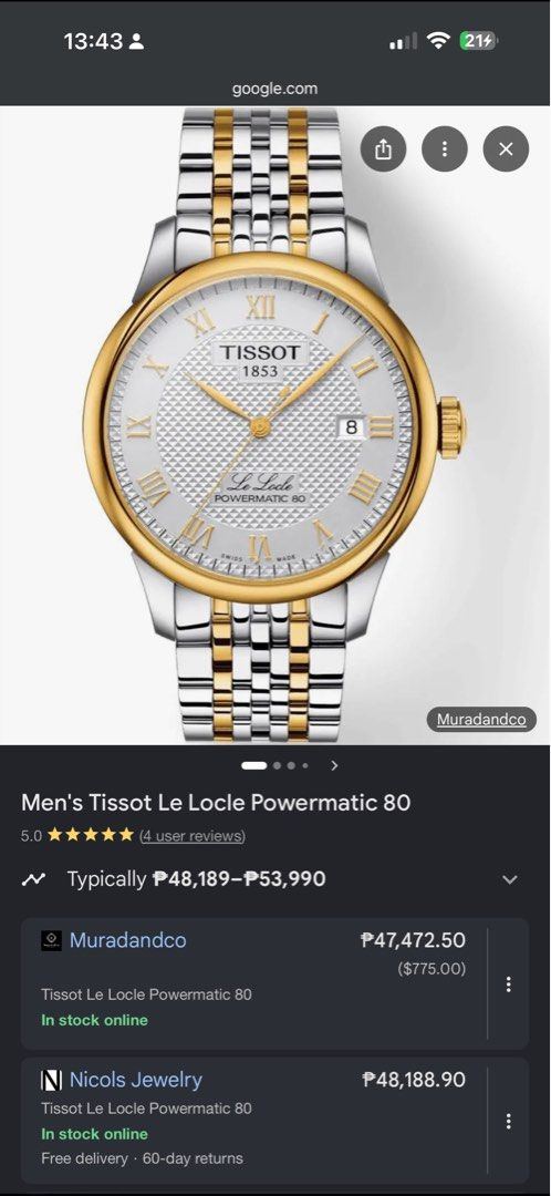 Tissot Le Locle Automatic Two-Tone Watch (Category: Luxury Watches) located in Marikina City. Submitted by thankyouforthememories (Listing ID 1453281186, Image 3). Description: - Brand: Tissot - Style: Two-tone (Stainless Steel & Rose Gold) - Dial: White with Roman Numerals - Movement: Automatic - Condition: Great for everyday or special occasions - Includes: Original Box.