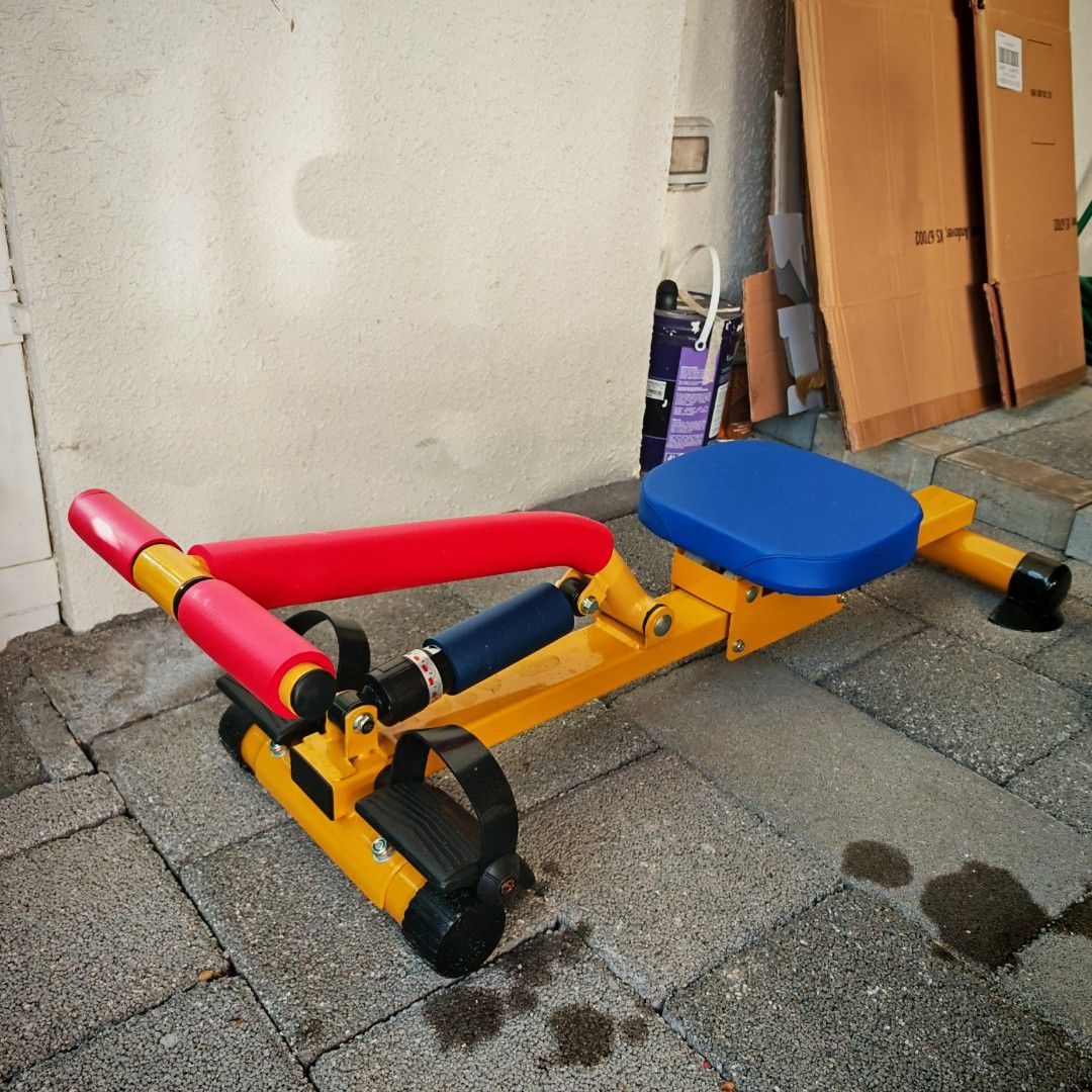 Toddler Home Gym Set (Category: Cardio & Fitness Machines) located in Manila. Submitted by declutterauntie (Listing ID 1453248603, Image 2). Description: - Toddler Home Gym Set - Includes: Weight bench with barbell holders, Yellow exercise bike, Rowing machine - Sturdy and colorful construction - Fun and delightful home kids workouts.