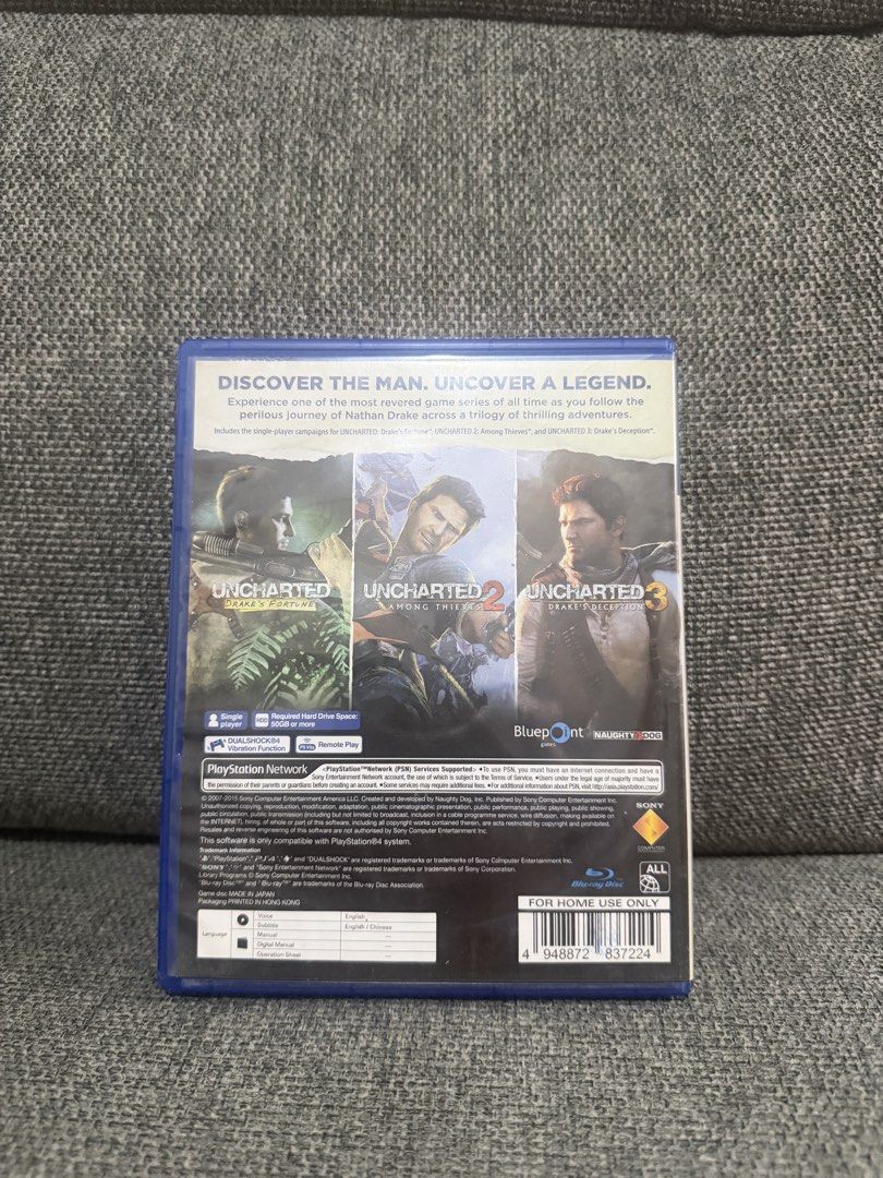Uncharted: The Nathan Drake Collection PS4 Game (Category: PlayStation) located in Manila. Submitted by carlocach62814 (Listing ID 1453285535, Image 2). Description: - Experience the thrilling Uncharted series on PS4. - This collection features three iconic games: Uncharted: Drake's Fortune, Uncharted 2: Among Thieves, and Uncharted 3: Drake's Deception. - All single-player campaigns are included for hours of adventure. - Get ready for treasure h