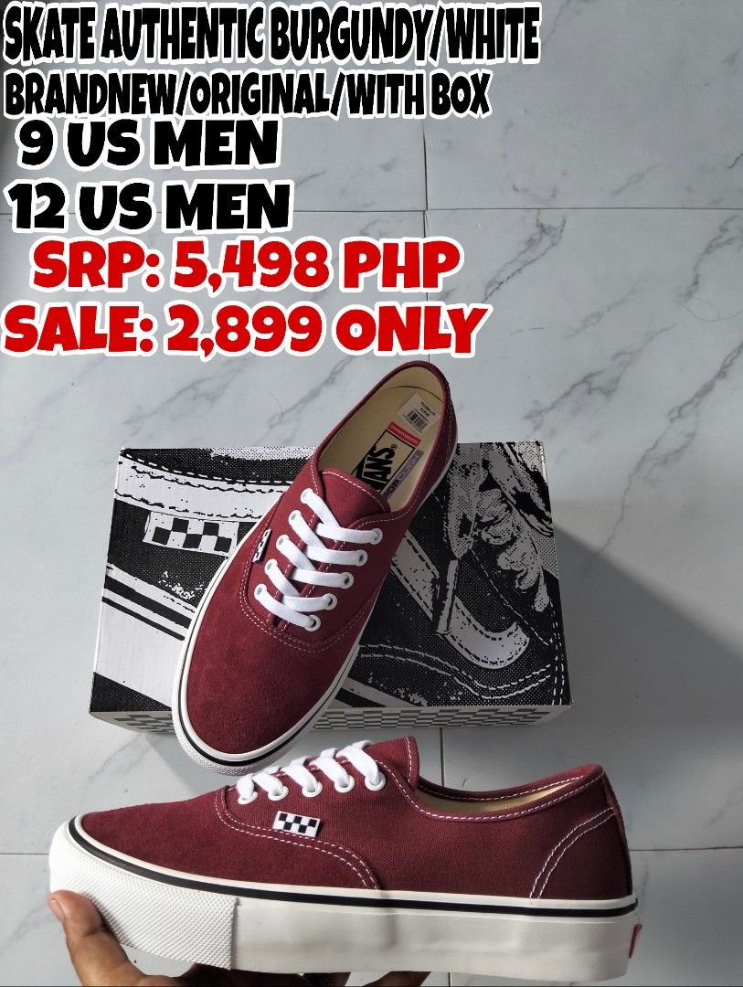 Vans Skate Authentic Burgundy/White Shoes (Category: Sneakers) located in Cavite. Submitted by wafull29 (Listing ID 1453238976, Image 1). Description: - Authentic Vans Skate Shoes - Color: Burgundy and White - Condition: Brand New, Original - Includes: Original Box - Available Sizes: US Men's 9, US Men's 12 - Sale Price: 2,899 PHP (Original Price: 5,498 PHP) - Classic and durable skate footwear.