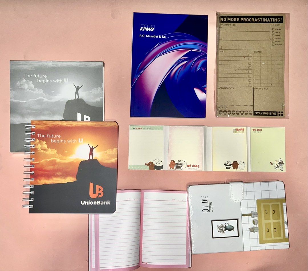 Various Notepads (50) and Notebooks (150) with Bundle Prices (Category: Stationery & School Supplies) located in Manila. Submitted by gwendolyn593211 (Listing ID 1453429563, Image 1). Description: Notebooks - 300 for 3, 250 for 2 - Unionbank Notebook - 150 - KPMG Notebook - 150 - Pink Notebook with Perforated Pages - not available - Hardbound Old Time Notebook - 150 Note Pads - No More Procrastinating Pad - 25 - We Bare Bears Pad Set - 50.