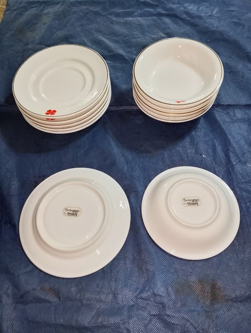 Vintage Noritake Contemporary China Set (Category: Dinnerware & Cutlery) located in Bulacan. Submitted by antikquera (Listing ID 1453235817, Image 2). Description: Vintage Noritake Contemporary Fine China Set (12 Pieces) Price: ₱1,500 Condition: Very good vintage condition. No chips or cracks. Silver trim and red floral motif are completely intact. Inclusions: 12-piece mixed lot of saucers and small bowls. Great as a starter set or replacement pi