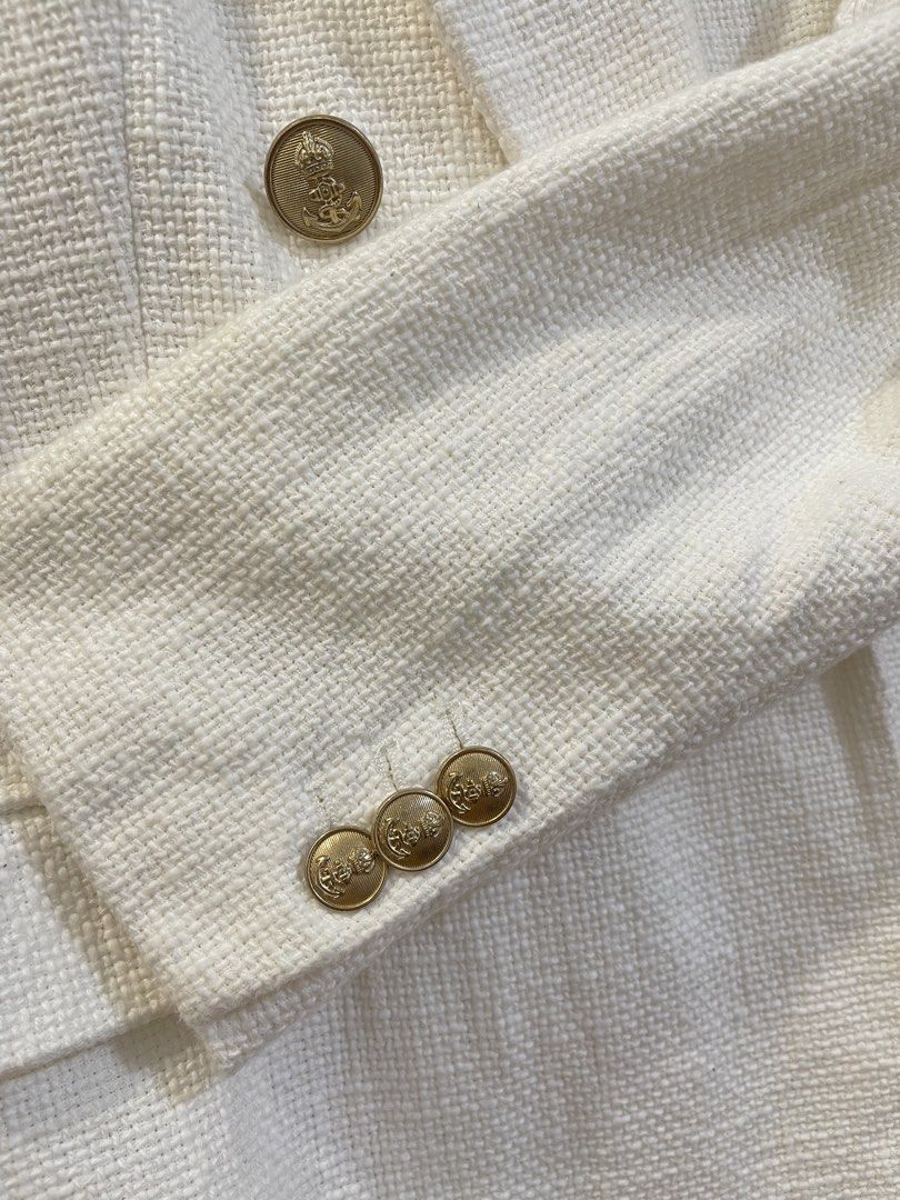 Zara White Tweed Blazer Jacket with Gold Buttons (Category: Coats, Jackets and Outerwear) located in Quezon City. Submitted by prebyic (Listing ID 1453306129, Image 3). Description: Special favorite! ❤️ But it’s time to let it go since I’m always out in the field and rarely get to wear it. Brand: Zara Color: White / Off-white Double-breasted with elegant gold buttons Lightweight and comfortable to wear Textured fabric for a classy, chic look Full