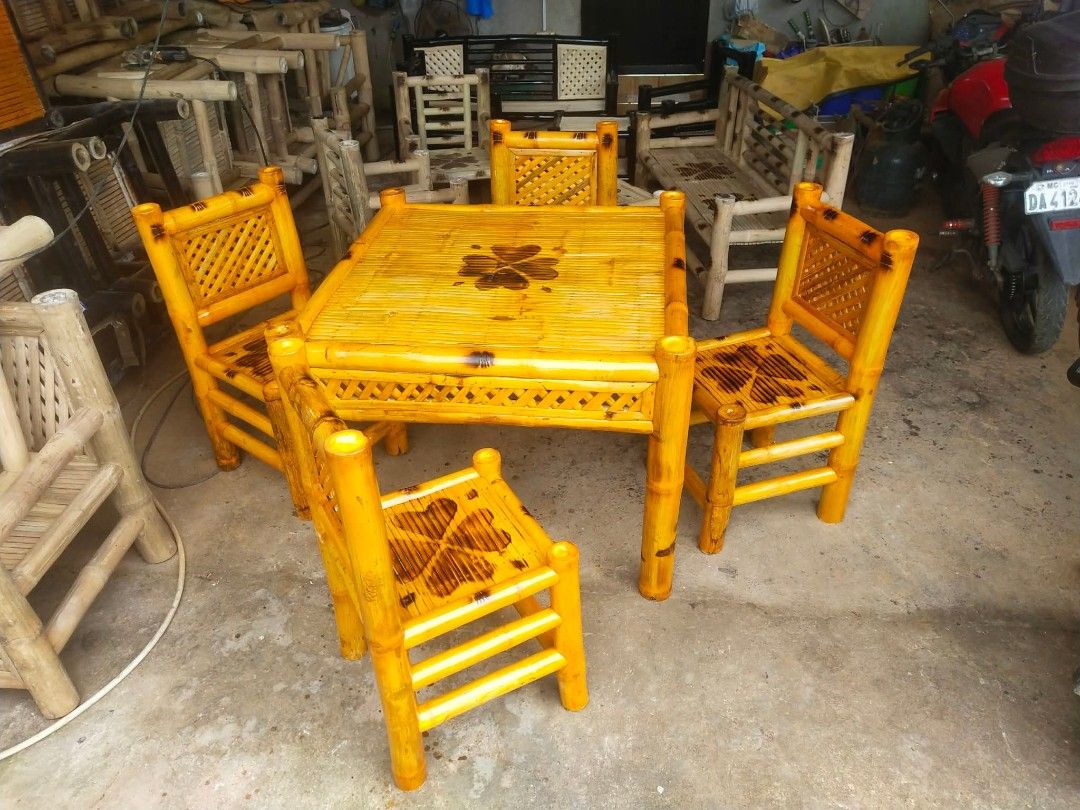 4 seater bamboo dinning table and chairs (Category: Tables & Sets) located in Manila. Submitted by dolorchris69891 (Listing ID 1456633454, Image 1). Description: 4 seater bamboo dinning table and chairs 6000.