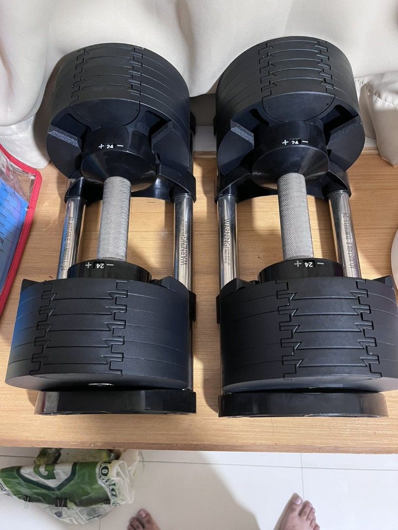 Adjustable Dumbbells 24kg Pair (Category: Weights & Dumbbells) located in Quezon City. Submitted by hjc18 (Listing ID 1456693776, Image 1). Description: - Pair of adjustable dumbbells - Each dumbbell goes up to 24kg - Ideal for home workouts - Simple and quick weight adjustment - Great value for home fitness Bought from online at 8880 per dumbell (total of 17,760 for pair).