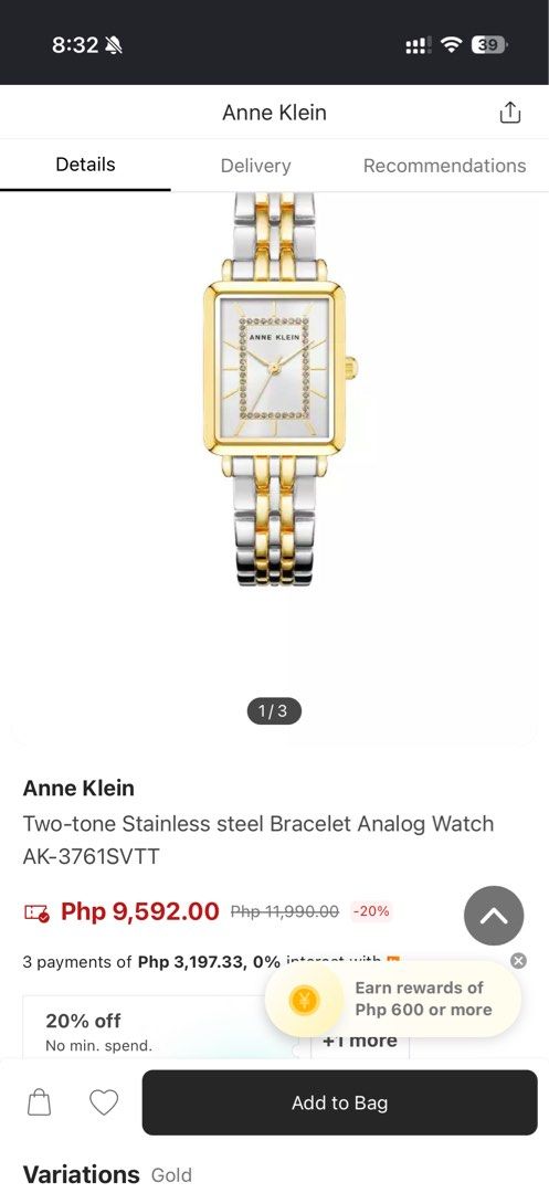 9.9 Sale Anne Klein Two-Tone Rectangle Watch with Crystal Accents (Category: Women's Watches) located in Morong. Submitted by Kaycer00 (Listing ID 1455494355, Image 2). Description: Original from 🇺🇸 LP 2200 plus sf then free original brand new gray knitted dress from teranova Issue my konting discoloration sa gilid but overall okay pa nmn sya d dn gaanon kahalata Zalora Price is 9k plus - Anne Klein two-tone metal band watch - Rectangular face 