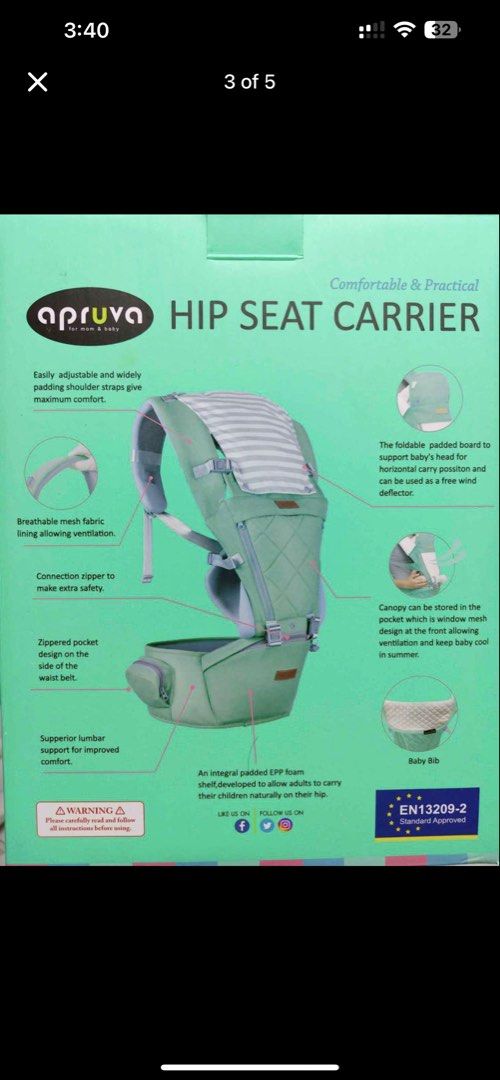 Apruva 10-in-1 Multi Function Hip Seat Carrier (Category: Carriers & Slings) located in Lucena. Submitted by theangelou94395 (Listing ID 1456772603, Image 2). Description: - Apruva 10-in-1 Hip Seat Carrier - Comfortable and practical for mom and baby - Adjustable padded shoulder straps - Breathable mesh lining - Includes foldable support board - Comes with a sun protection canopy - Ideal for keeping baby close and hands-free Rfs: di nagamit, naka