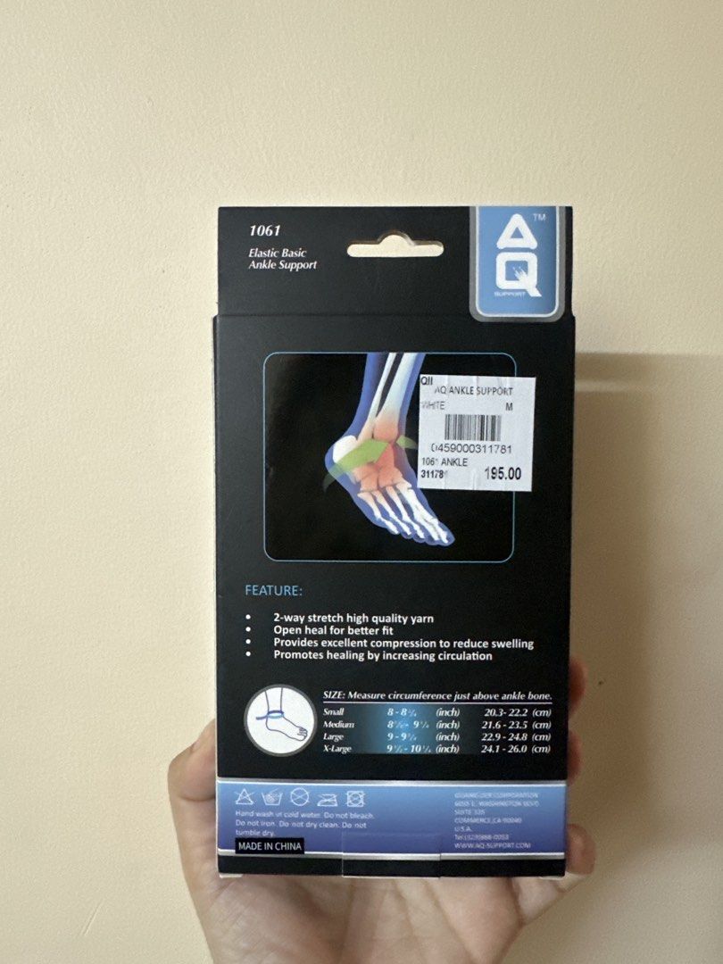 AQ Elastic Basic Ankle Support M (Category: Braces, Support & Protection) located in Manila. Submitted by dealhavenph (Listing ID 1456690694, Image 2). Description: Bought from Tobys, brand new - AQ Elastic Basic Ankle Support - Size: Medium (M) - Ideal for arthritis, sprains, and mild ankle strains - Made with high-quality 2-way stretch yarn - Open heel design for a secure and comfortable fit - Promotes healing by improving blood circulation - M