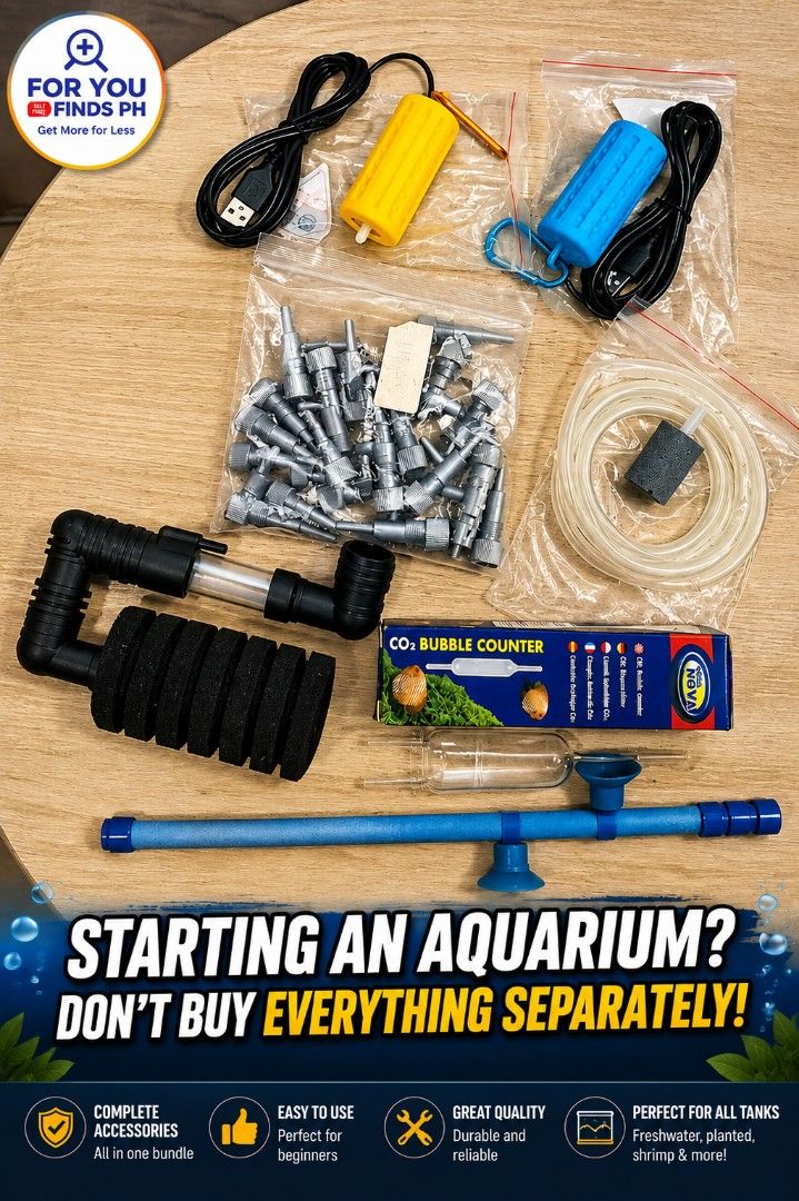 Aquarium Supplies Bundle for Sale (Category: Homes & Other Pet Accessories) located in Pateros City. Submitted by foryoufindsph (Listing ID 1456627349, Image 2). Description: 🐠 Everything your aquarium needs in one affordable bundle! ✔ CO₂ Bubble Counter ✔ Sponge Filter ✔ Water Changer ✔ Airline Tubing ✔ Air Stone Accessories ✔ Flow Control Valves ✔ Connectors & More 💰 Bundle Price: ₱699 only 🎉 Estimated Retail Value: ₱1,300+ ⚠️ Only 1 bundle 
