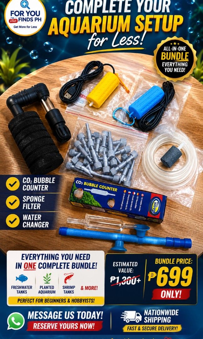 Aquarium Supplies Bundle for Sale (Category: Homes & Other Pet Accessories) located in Pateros City. Submitted by foryoufindsph (Listing ID 1456627349, Image 1). Description: 🐠 Everything your aquarium needs in one affordable bundle! ✔ CO₂ Bubble Counter ✔ Sponge Filter ✔ Water Changer ✔ Airline Tubing ✔ Air Stone Accessories ✔ Flow Control Valves ✔ Connectors & More 💰 Bundle Price: ₱699 only 🎉 Estimated Retail Value: ₱1,300+ ⚠️ Only 1 bundle 