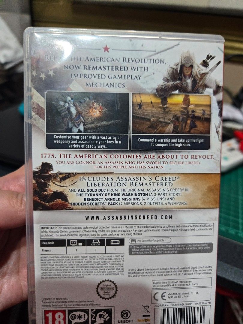 Assassin's Creed III Remastered Nintendo Switch Game (Category: Nintendo) located in Quezon City. Submitted by mello_letgoes (Listing ID 1456733002, Image 2). Description: Assassin’s Creed III Remastered – Nintendo Switch ₱1,200 Pre-owned physical Nintendo Switch game. • Assassin’s Creed III Remastered • Includes Assassin’s Creed Liberation Remastered • Includes solo DLC content • Original game cartridge + case • European / EUR version • Tested o