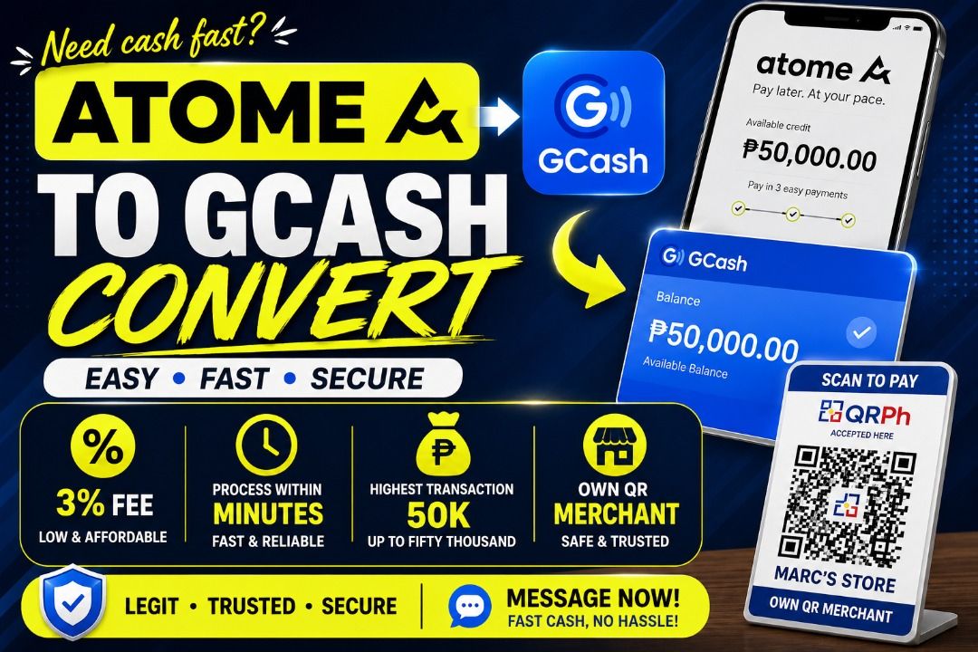 Atome to GCash convert (Category: Store Credits) located in Cordova. Submitted by marcbryant24 (Listing ID 1456710079, Image 1). Description: 💸 **ATOME TO GCASH CONVERSION** 💸 Need cash from your Atome credit? We can help convert it to **GCash** quickly and conveniently! 🚀 ✅ **Only 3% service fee** ⚡ **Process within minutes** 💰 **Up to ₱50,000 per transaction** 🏪 **Own QRPh Merchant — MARC'S STORE** 🔒 **Fast & hassle-free** 📩 **Message us
