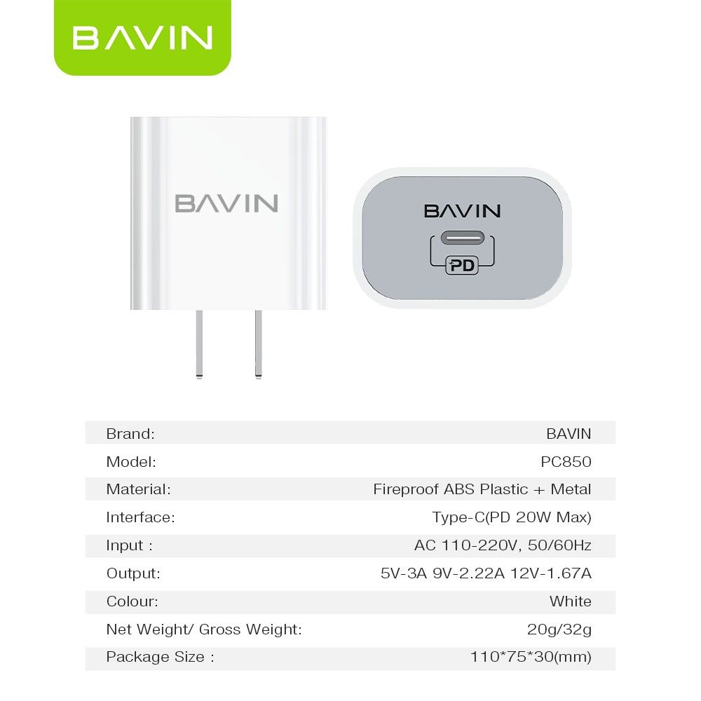 BAVIN PC850 TYPE C ADAPTOR 20WATTS (Category: Chargers & Cables) located in Pasig City. Submitted by gentle_jerico (Listing ID 1456641786, Image 3). Description: Bavin Pc850 Series Type c Adaptor -20watts.