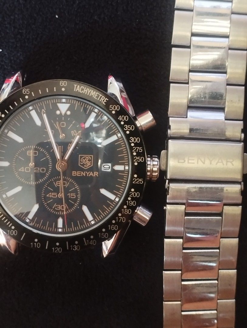 BENYAR Chronograph Tachymetre Watch (Category: Luxury Watches) located in Caloocan City. Submitted by tinshaoshop (Listing ID 1455019985, Image 1). Description: - BENYAR Watch Model BY-5140M - Features: Chronograph and Tachymeter functions - Design: Black dial with silver accents - Durability: Water resistant up to 30M, Solid stainless steel back - Ideal for: Everyday wear or as a thoughtful gift - Issue strap .