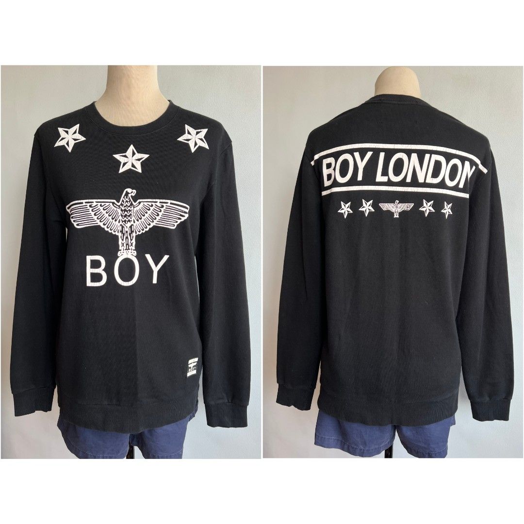 Boy London Sweatshirt Jacket sweater men's (Category: Coats, Jackets and Outerwear) located in Quezon City. Submitted by rosepam (Listing ID 1456670397, Image 2). Description: Boy London Crew neck Sweatshirt Size on tag: L *hairline/cracky print FIX PRICE Measurements posted for reference Wash before wearing (stored item).