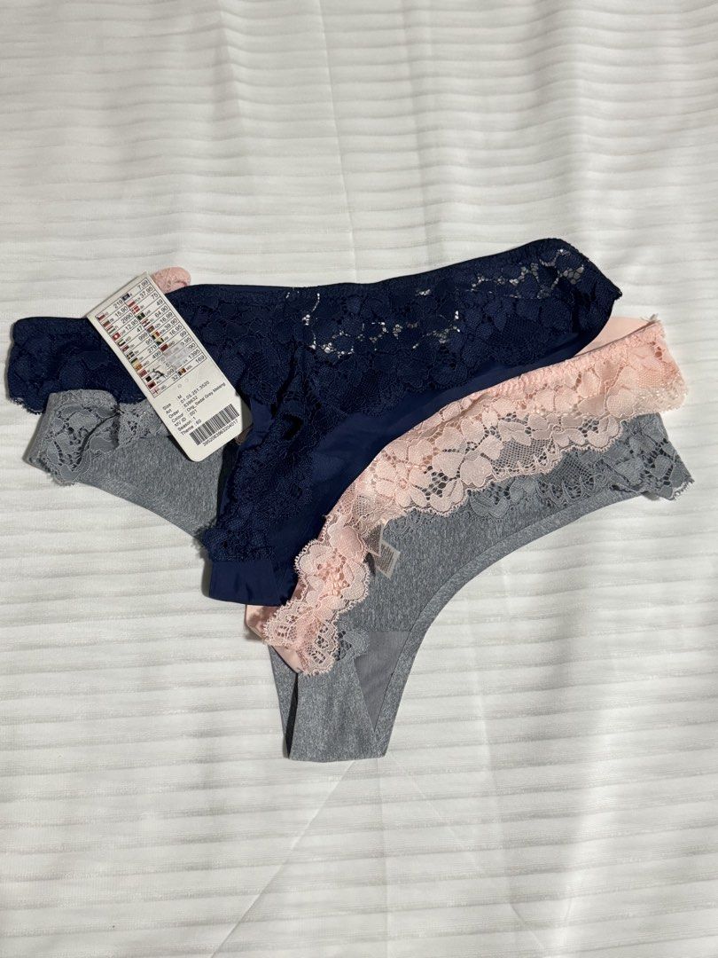 Censored 3 PCS THONG PANTY MEDIUM (Category: Underwear) located in Las Pinas. Submitted by itb.insidethebox (Listing ID 1456717244, Image 3). Description: - Set of 3 thong panties from Censored. - Colors included: Navy Blue, Blush Pink, Grey. - Features delicate lace trim along the edges. - Designed for comfort and everyday wear. - Perfect addition to your underwear collection. Flaw: TAPE RESIDUE/ TAPE STAIN SHIPPING: J&T charged to buyer GRAB/LA