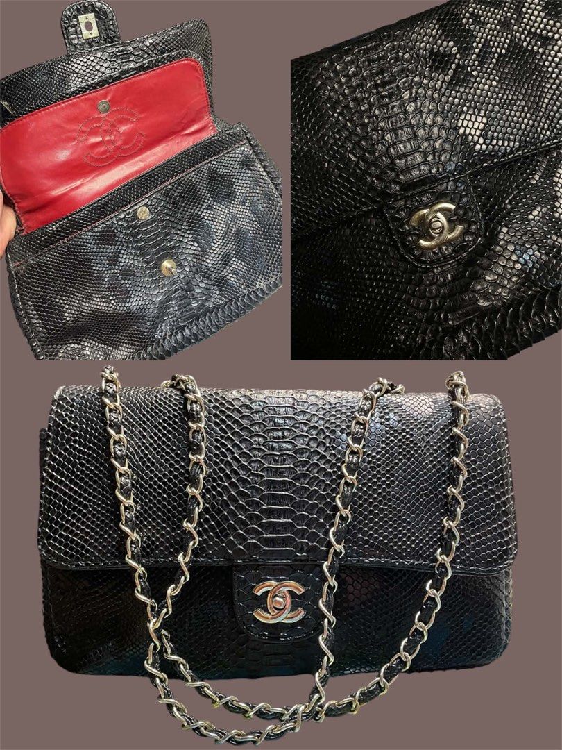 Chanel Black Python Flap Bag (Category: Luxury Bags & Wallets) located in Binalonan. Submitted by katkatt121 (Listing ID 1456611982, Image 1). Description: - Genuine black python skin flap bag - Elegant silver chain strap - Striking red interior lining - Iconic CC logo clasp - Medium size, perfect for essentials - Versatile wear: crossbody or shoulder - A stunning statement piece to elevate any outfit RUSH! NEGOTIABLE ACTUAL PHOTO IS POSTED.
