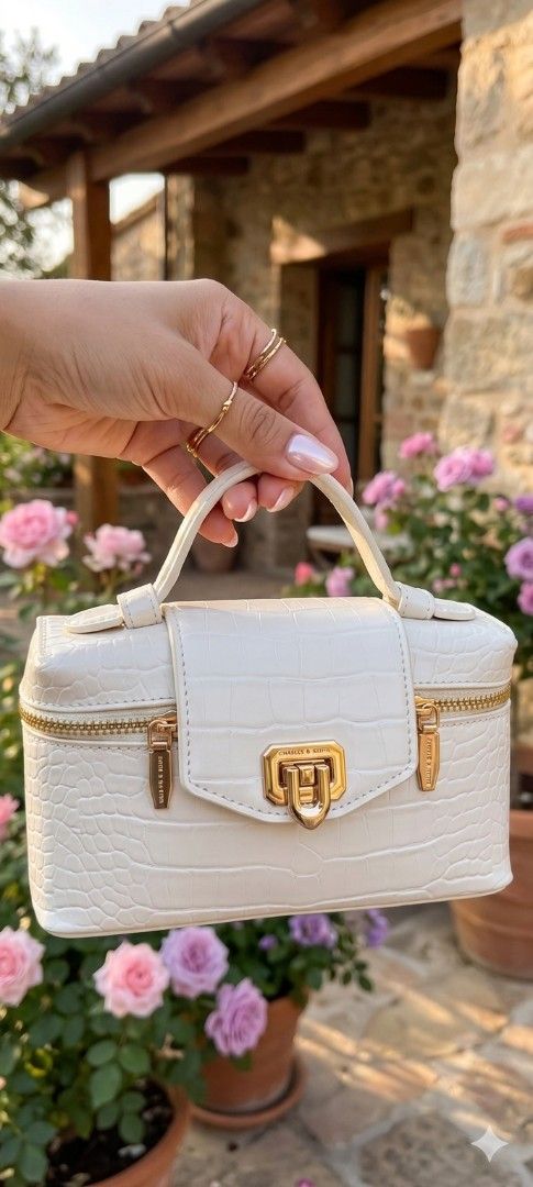 Charles & Keith White Croc Vanity Bag with Gold Hardware (Category: Cross-body Bags) located in Cavite. Submitted by house_of_tabitha (Listing ID 1456626085, Image 1). Description: - White croc-embossed vanity bag - Brand: Charles & Keith - Gold hardware - Secure clasp closure - Top handle - Detachable shoulder strap - Ideal for makeup or small essentials - Clean and chic design.