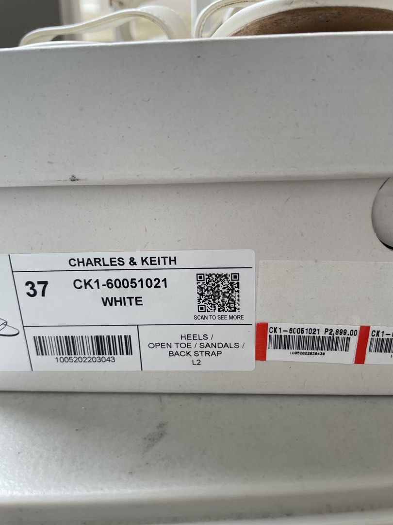 Charles & Keith White Heels / Sandals Size 37 (Category: Heels) located in Manila. Submitted by lvdybugs (Listing ID 1456630384, Image 3). Description: - Brand: Charles & Keith - Color: White - Style: Open-toe heels with back strap - Size: 37 - Condition: Selling as is.