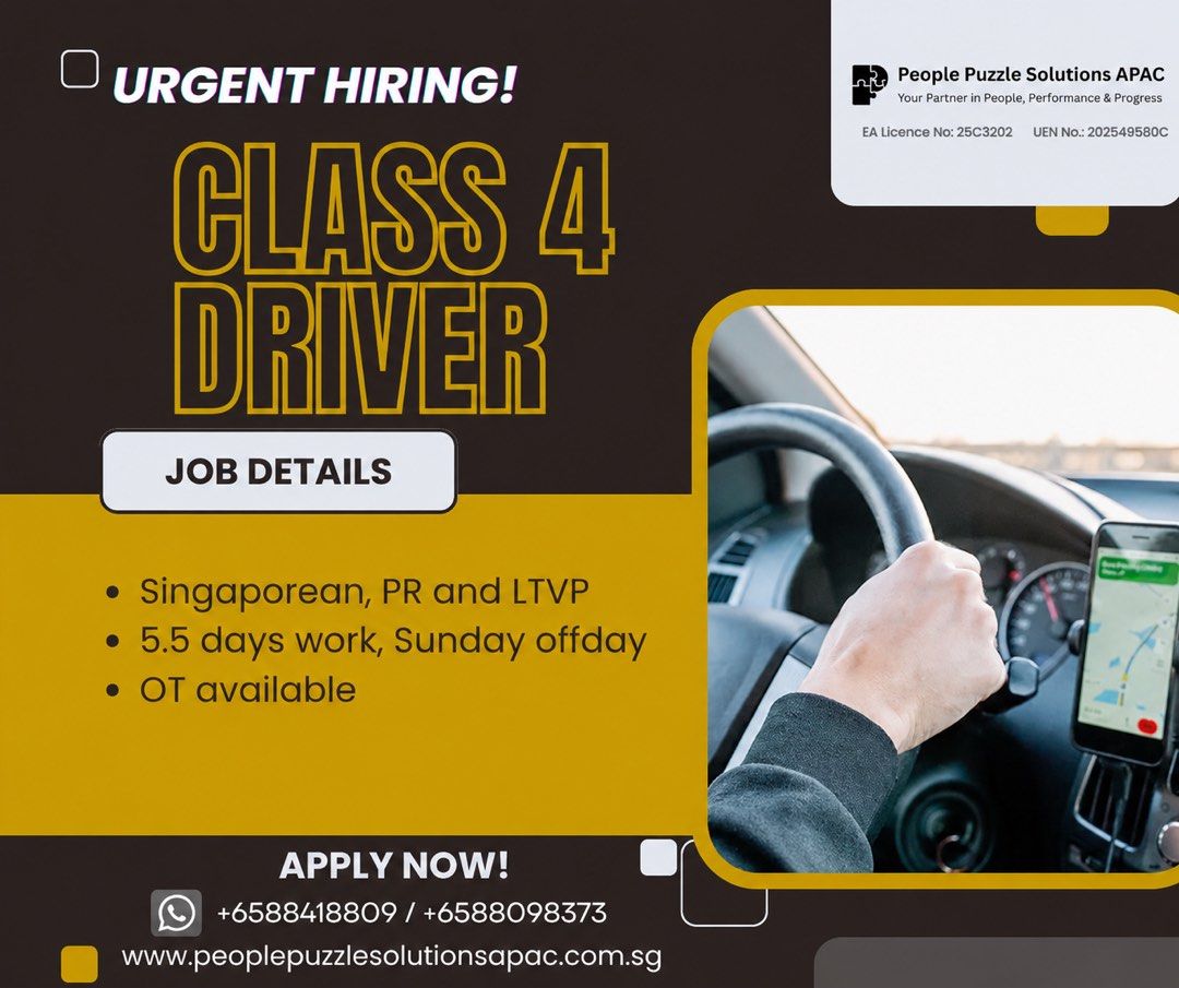 Class 4 Driver (Category: Looking For) located in Singapore. Submitted by peoplepuzzlesolutions08 (Listing ID 1456734141, Image 1). Description: Class 4 Driver Hiring in Singapore! Hiring Class 4 Drivers. Open to Singaporeans, PR & LTVP holders. 📍 Singapore 💼 Class 4 Driving Job 📩 Send your CV to apply. SEO Keywords: Class 4 driver jobs Singapore, Class 4 driver hiring Singapore, Singapore driver jobs, driver jobs for PR, LTVP jobs Singapore, 