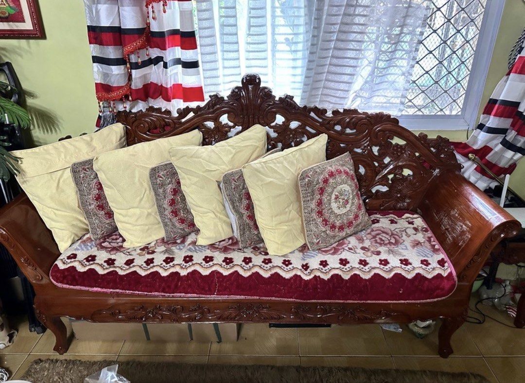 Cleopatra Sala Set - Narra (Category: Sofas) located in Quezon City. Submitted by greatfindsforsale (Listing ID 1456725133, Image 2). Description: Cleopatra sala set Solid Narra wood Complete set (4 pcs) Center table inclusive of half inch glass table top No issues In very good condition.