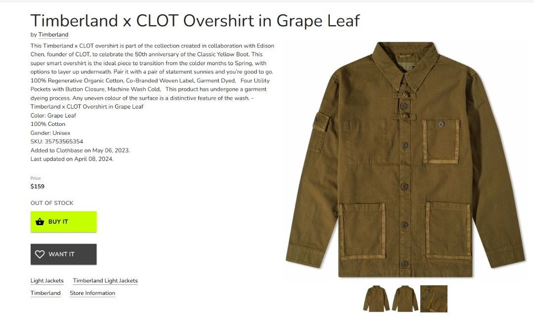 CLOT X TIMBERLAND - FATIGUE Overshirt in Grape Leaf (Category: Coats, Jackets and Outerwear) located in Baguio. Submitted by viibodegaaa (Listing ID 1456708927, Image 1). Description: Item: CLOT X TIMBERLAND Size: L Width: 24.5’ Length: 31’ Condition: brand-new Price: 3280 .