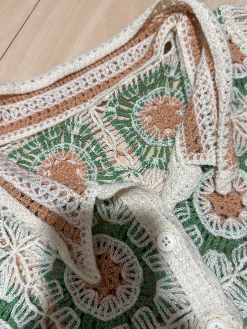 Crochet Button-Up Cardigan with Collar (Category: Coats, Jackets and Outerwear) located in Manila. Submitted by sumisloveditems (Listing ID 1456772775, Image 2). Description: crochet cardigan top size: S ₱200 Mode of payment: Gcash Gotyme Mode of delivery: J&T SDD.