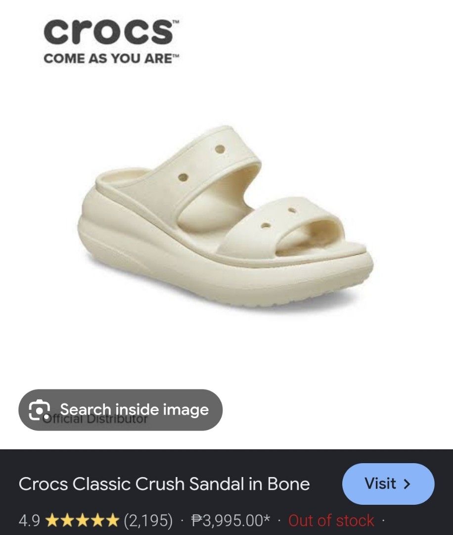 Crocs Classic Crush Sandal in white (Category: Sandals) located in Baguio. Submitted by ozara.06 (Listing ID 1456753710, Image 3). Description: Crocs Classic Crush Sandal in white Original Size 7 or 24cm In very good condition May unting dikit marks sa sole kc dinikatan ng sole pads 1300.