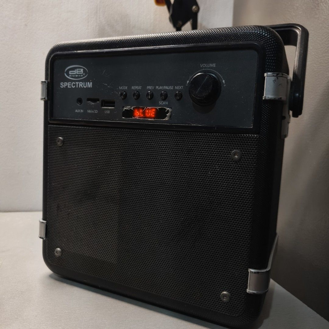 DB Audio Spectrum Portable Bluetooth Speaker (Category: Soundbars, Speakers & Amplifiers) located in Cavite. Submitted by donyachuHandicraft (Listing ID 1456611034, Image 3). Description: DB Audio Spectrum Portable Bluetooth Speaker Model: SPECTRUM Bluetooth portable speaker Power Input: USB 5V Battery: 3.7V 1200mAh Brand: DB Audio Loud and clear audio can insert mic Issue: Charging port is loose but still charges; cable may need to be positioned