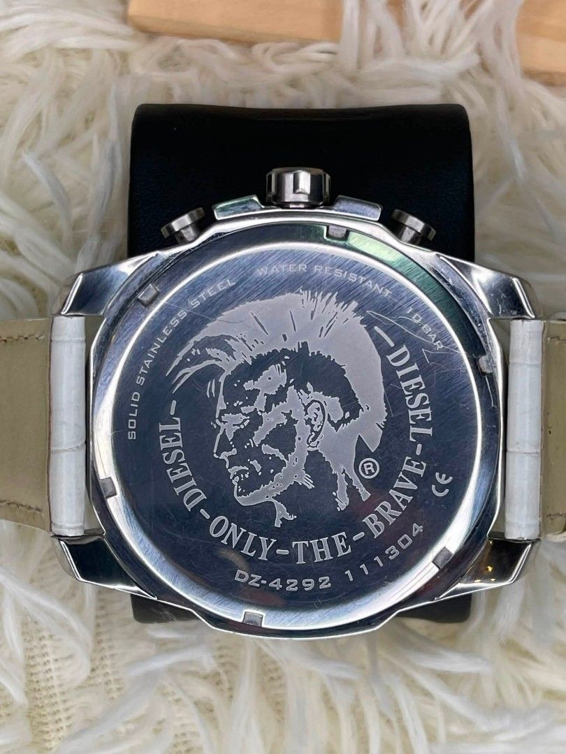 Diesel Mega Chief (Category: Men's Watches) located in Manila. Submitted by -daddyles (Listing ID 1456752541, Image 3). Description: DIESEL Mega Chief DZ4292 Only The Brave Chronograph Watch ✨ • Oversized time piece • Collection: Only The Brave • Reference: DZ-4292 • Movement: Quartz Chronograph • Dial: White textured dial with oversized luminous-style markers • Case: Stainless steel • Strap: White leather strap • Water Resistance: 10 BAR / 100M 